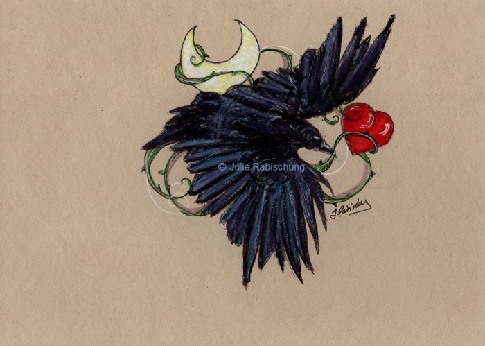 Crow,moon and red heart tattoo by Julie Rabischung